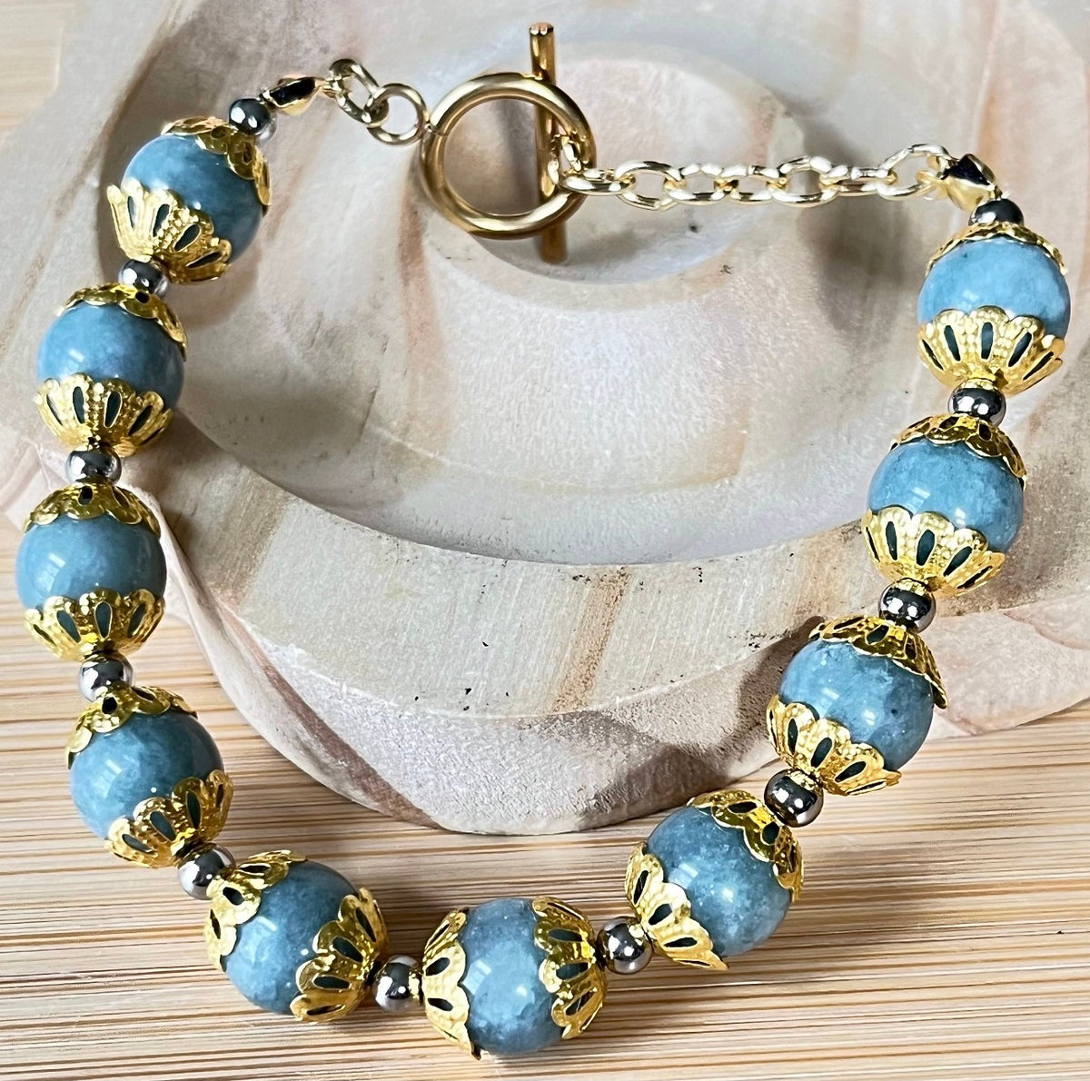 Myanmar Burma jade bracelet. “Year of the Dragon” bracelet with beautiful greenish-blue faux jade and golden or silvery stainless steel!