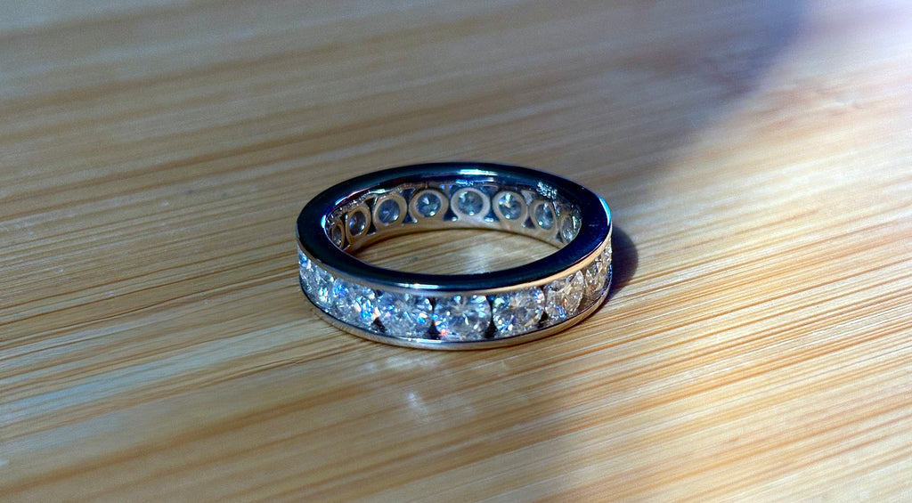 Moissanite ring. A 5.10cttw or 4.8cttw (depending on size) Moissanite eternity ring. A channel-set, classy and classic design - beautiful!