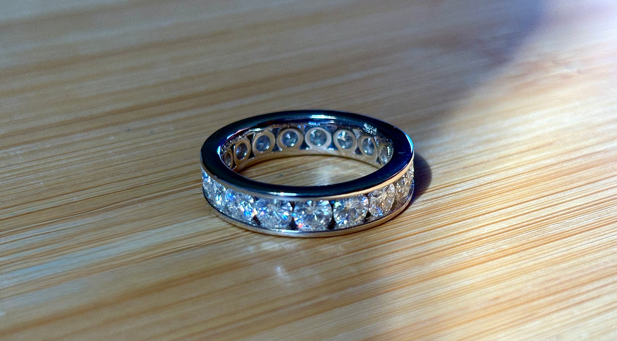 Moissanite ring. A 5.10cttw or 4.8cttw (depending on size) Moissanite eternity ring. A channel-set, classy and classic design - beautiful!