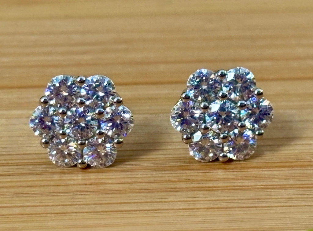 Moissanite earrings. A 4.2cttw certified pair of glamorous Moissanite cluster earrings with gorgeously bright stones and screw-on ear nuts!