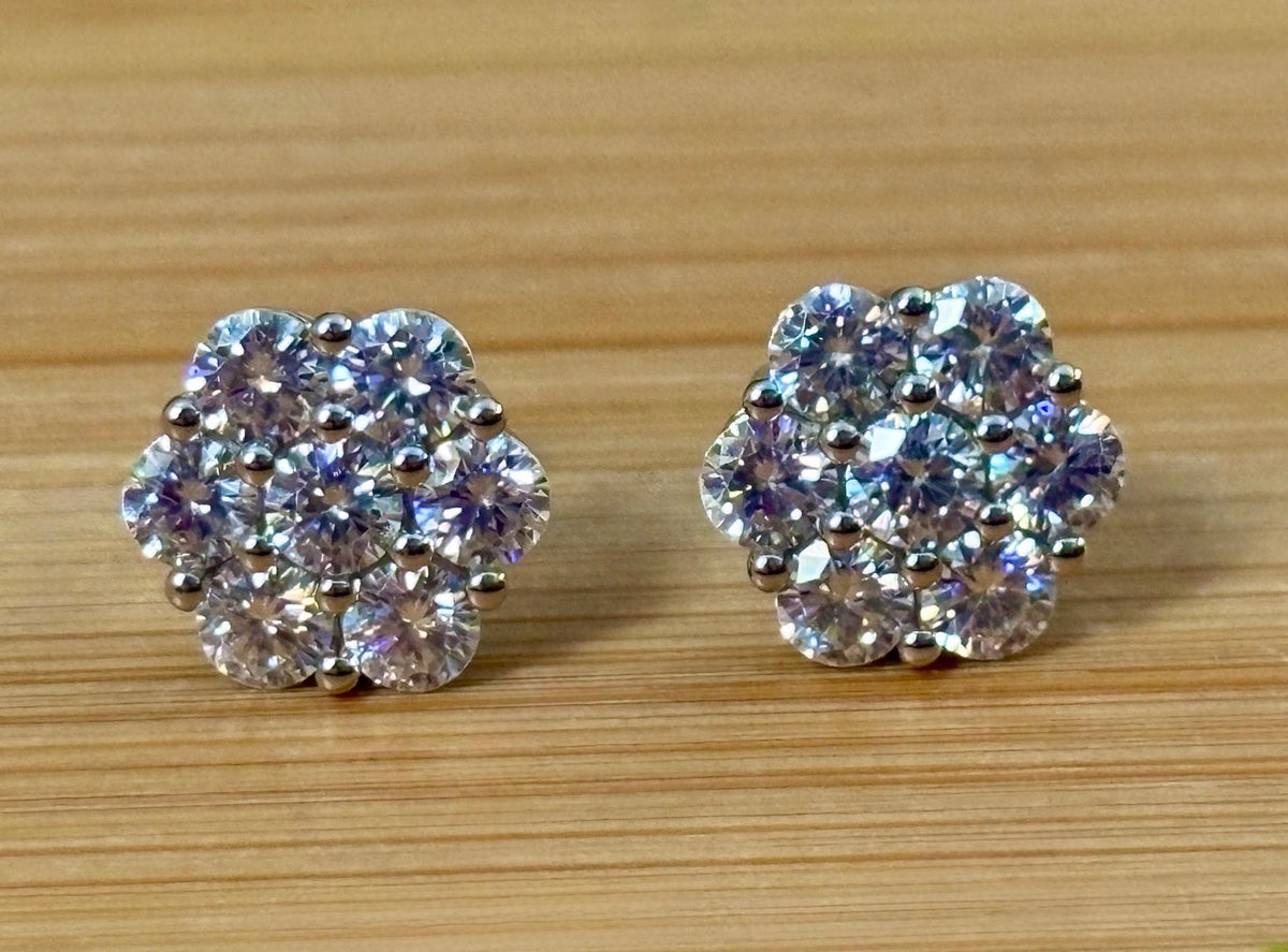 Moissanite earrings. A 4.2cttw certified pair of glamorous Moissanite cluster earrings with gorgeously bright stones and screw-on ear nuts!