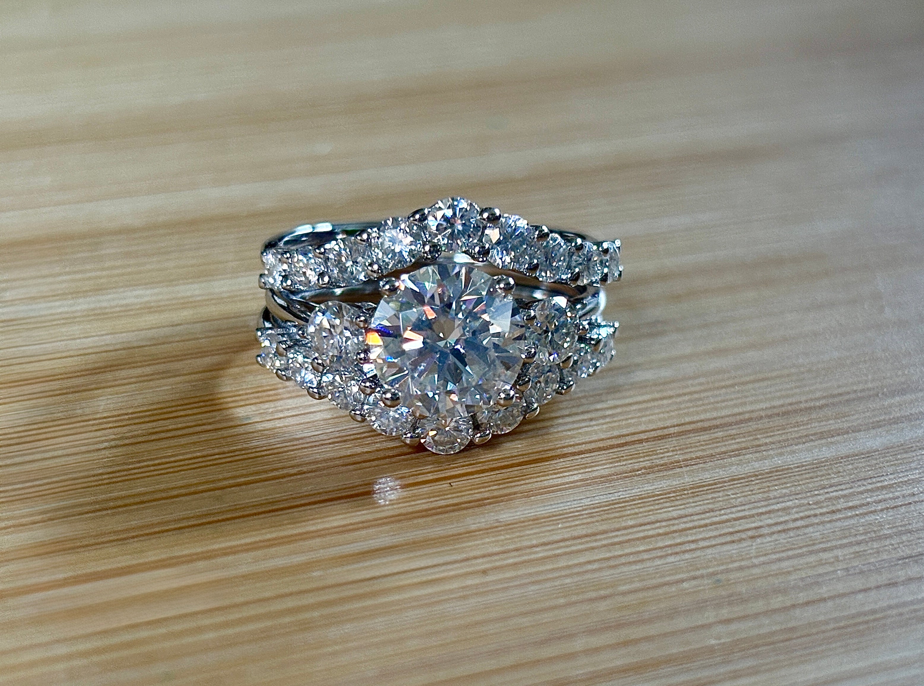 Moissanite bridal set. A certified 3ct Moissanite with a FULLY Moissanite double ring guard, for 5.08cttw! Wear them separately or together!