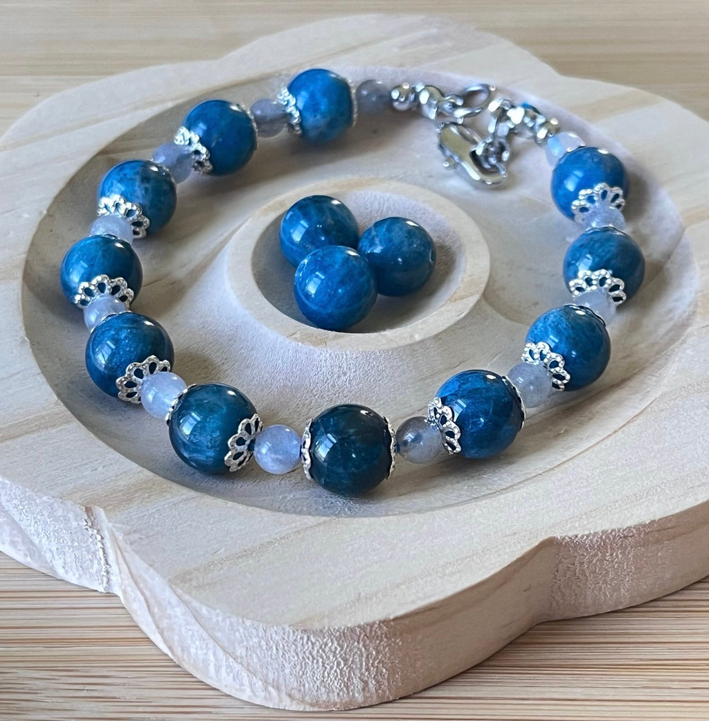 Blue apatite and gray moonstone bracelet with stainless steel hardware and optional sterling silver gemstone pendant!