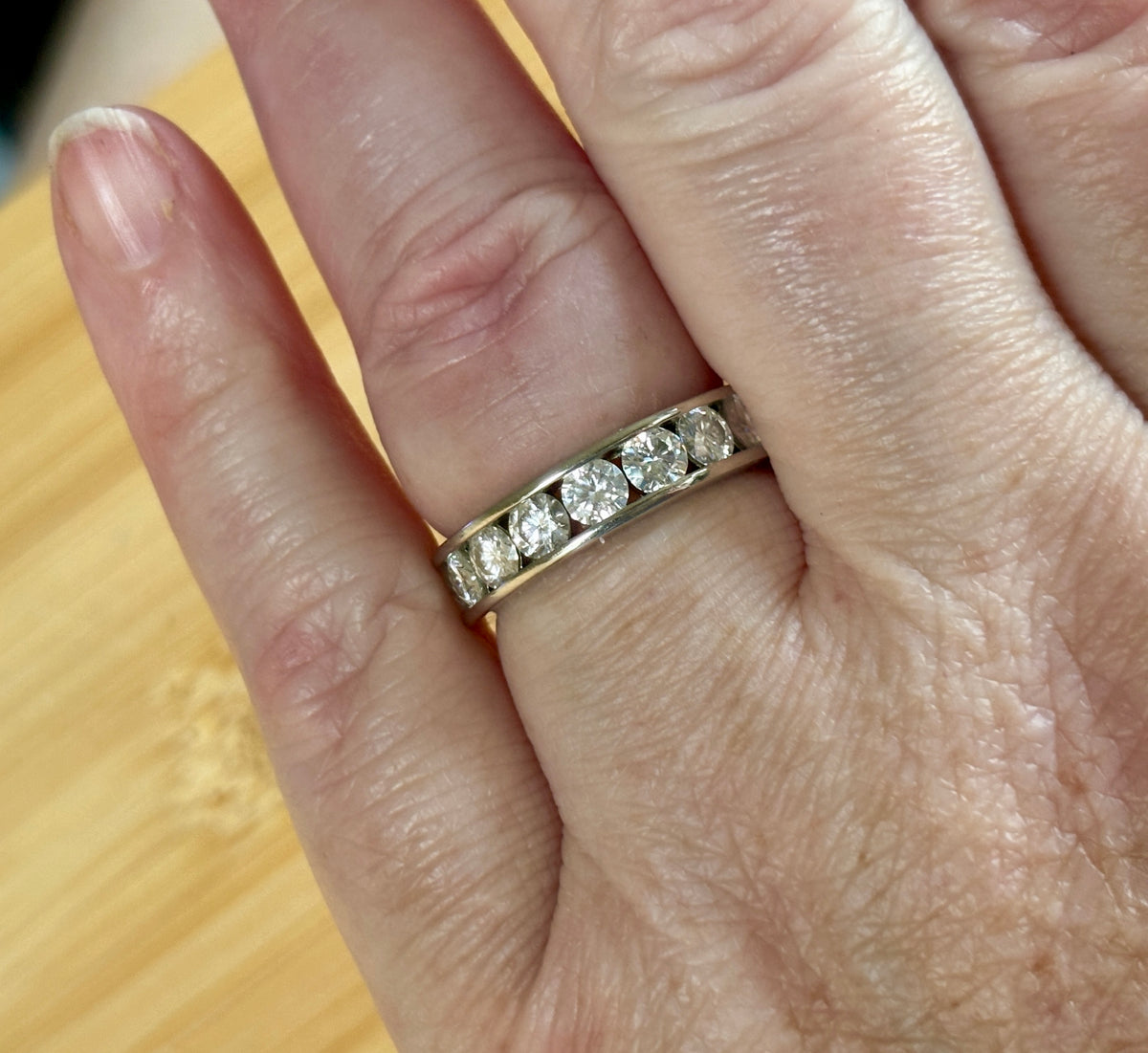 Moissanite ring. A 5.10cttw or 4.8cttw (depending on size) Moissanite eternity ring. A channel-set, classy and classic design - beautiful!