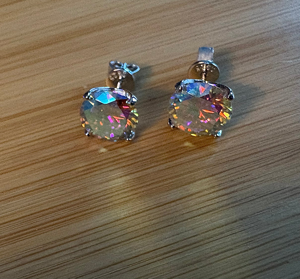 6ctw Moissanite “Kaleidoscope” studs! A pair of colorful, color-shifting, MESMERIZING Moissanite studs, DOUBLE certified and flashy in 18k plated sterling silver!
