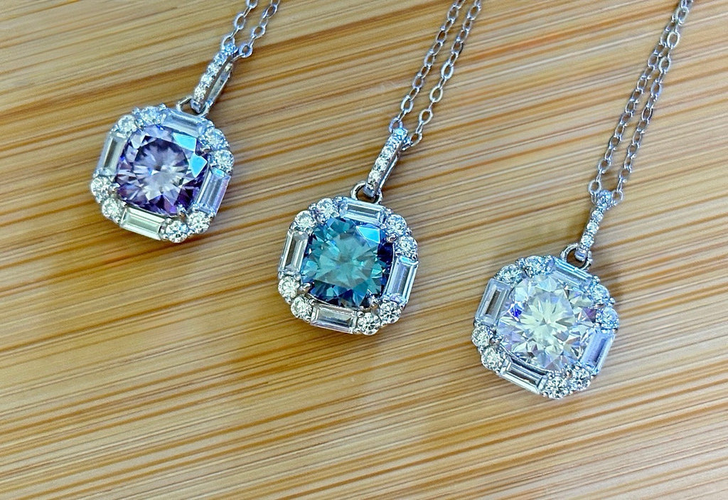 Moissanite necklace. A certified 2.5ct white, deep blue or purple cushion-cut Moissanite in a 1.5ctw multi-cut zircon halo, a 4ctw pendant that’s eye-catching and super flashy!
