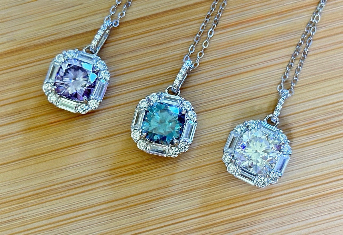 Moissanite necklace. A certified 2.5ct white, deep blue or purple cushion-cut Moissanite in a 1.5ctw multi-cut zircon halo, a 4ctw pendant that’s eye-catching and super flashy!