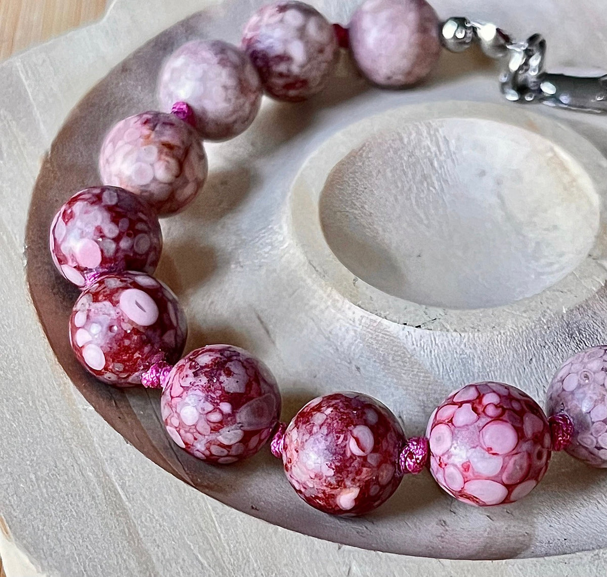 Chrysanthemum stone bracelet, hand knotted with 10mm beads, stainless steel and optional sterling silver rubellite tourmaline pendant!
