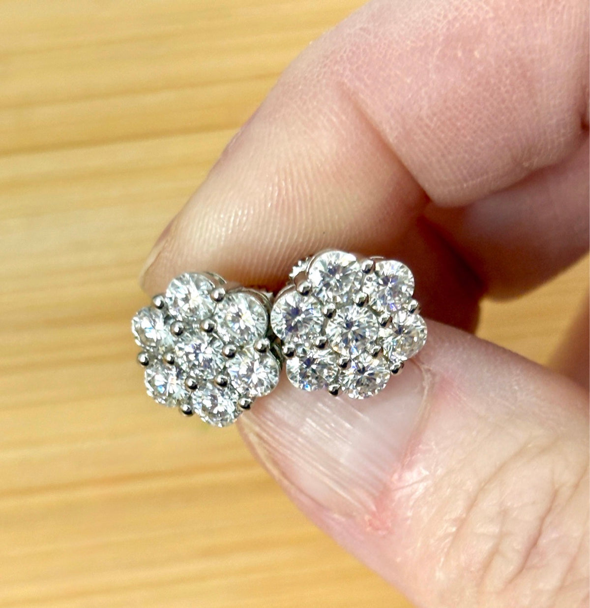 Moissanite earrings. A 4.2cttw certified pair of glamorous Moissanite cluster earrings with gorgeously bright stones and screw-on ear nuts!