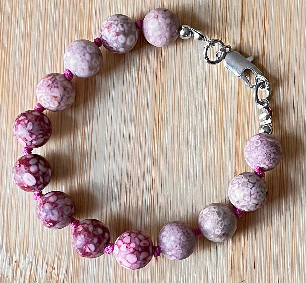 Chrysanthemum stone bracelet, hand knotted with 10mm beads, stainless steel and optional sterling silver rubellite tourmaline pendant!