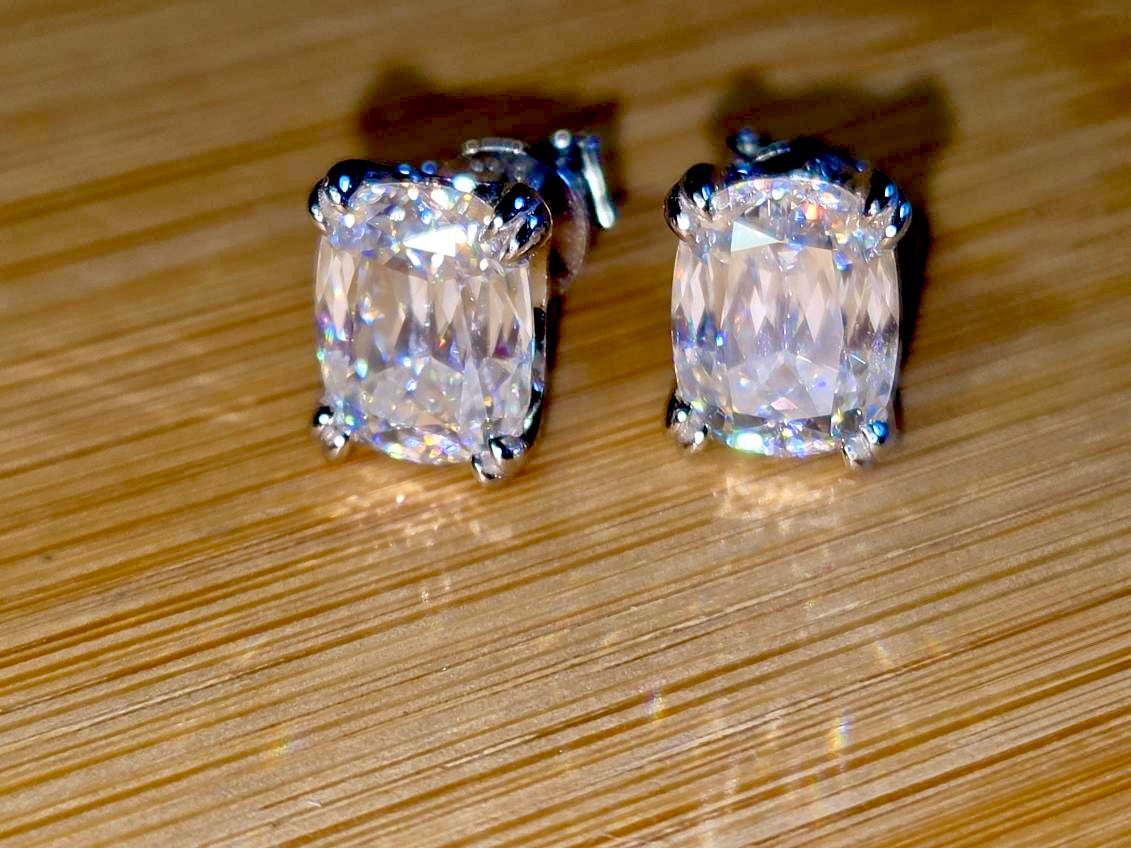 6ctw Ashoka-cut Moissanites in Argentium silver, hand-cut by a Master lapidary! These studs are the highest of the high end!