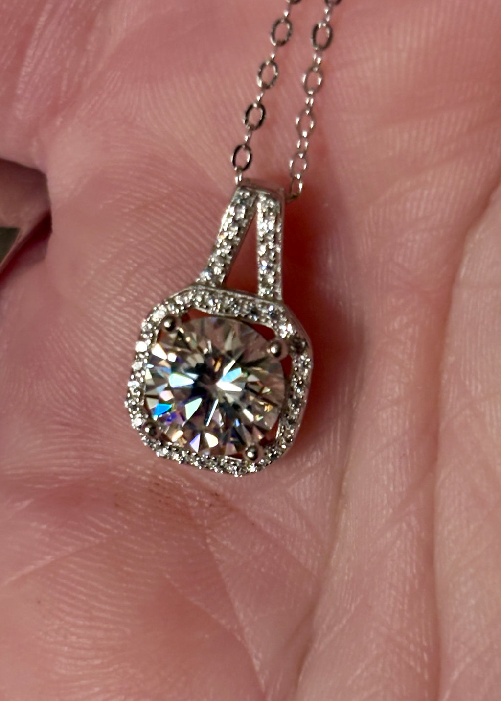 Moissanite necklace. A 2ct certified Moissanite set within an octagonally-shaped halo of pavé-set gleaming white zircons - at a 1ct price!