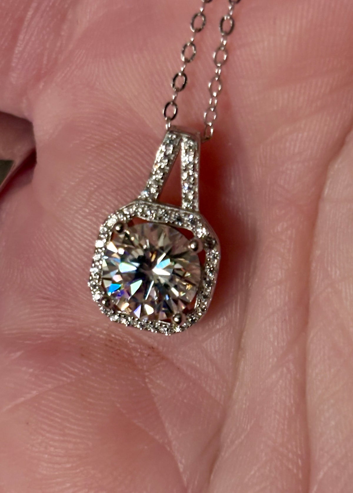 Moissanite necklace. A 2ct certified Moissanite set within an octagonally-shaped halo of pavé-set gleaming white zircons - at a 1ct price!