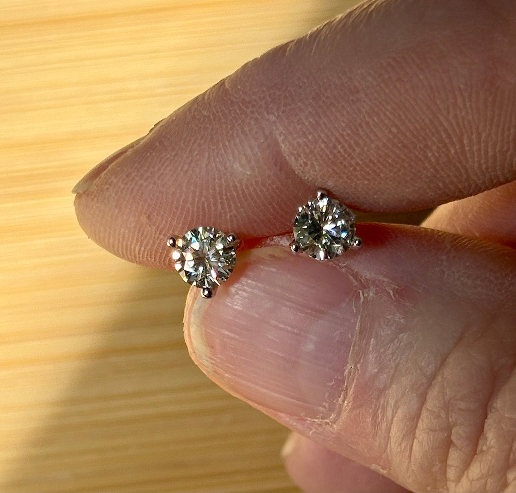 1ctw DOUBLE certified Moissanite studs, D-color and VVS1 clarity in delicate 3-claw settings! Minimalist design with substantial fire!