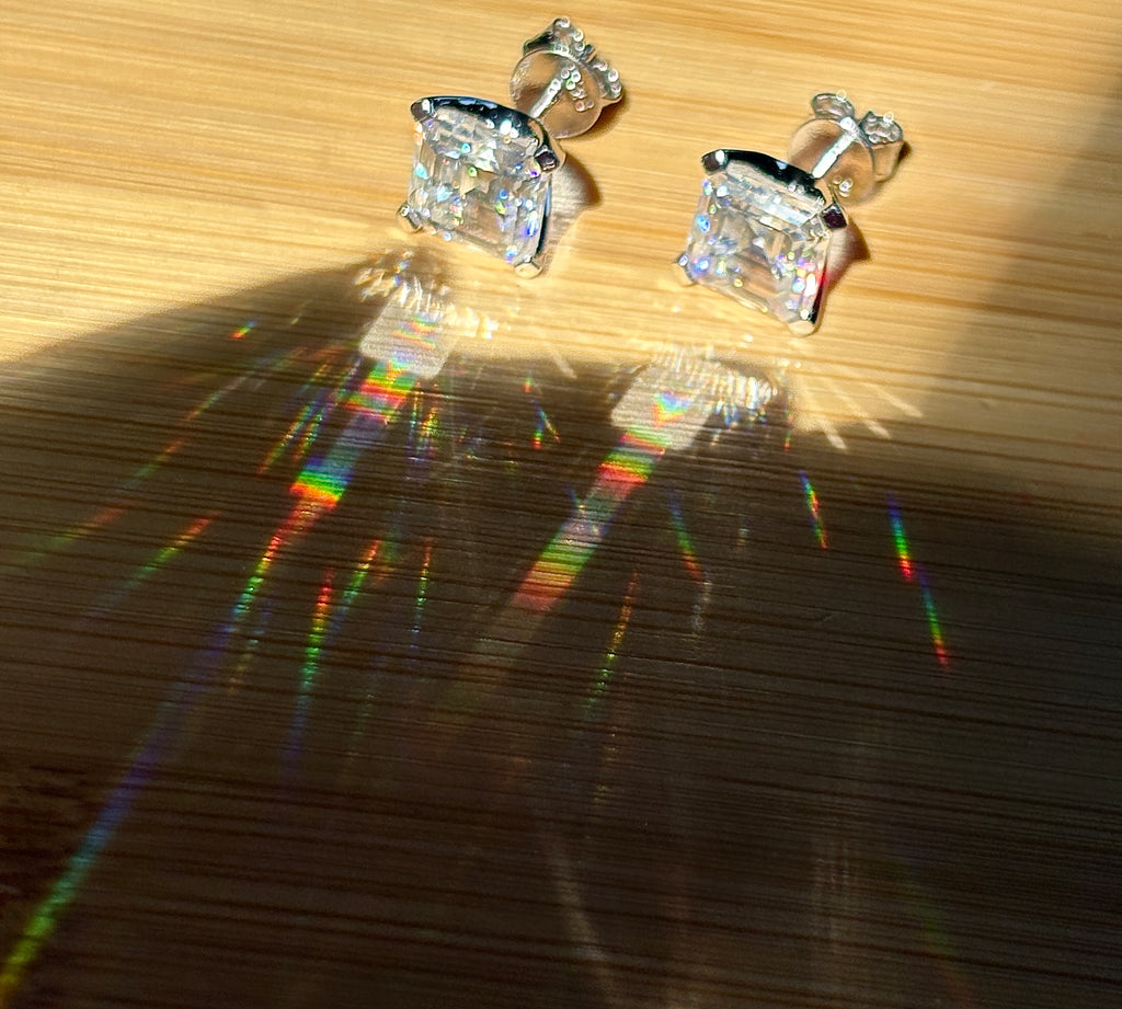Moissanite studs. A 6.4ctw *perfect* pair of DOUBLE certified Asscher-cut Moissanites in my custom 4-claw 935 ARGENTIUM silver mountings! Opulent!