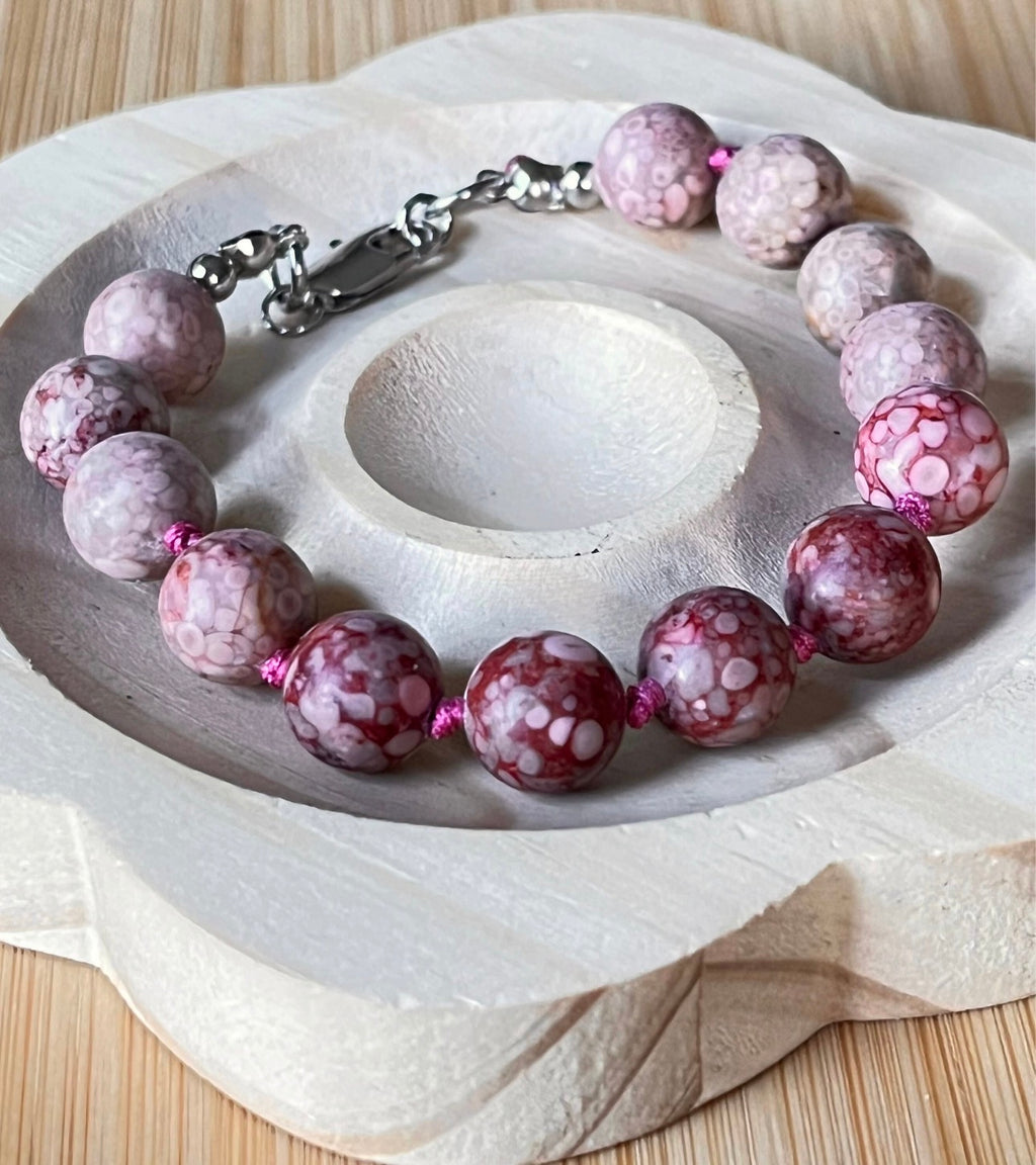 Chrysanthemum stone bracelet, hand knotted with 10mm beads, stainless steel and optional sterling silver rubellite tourmaline pendant!