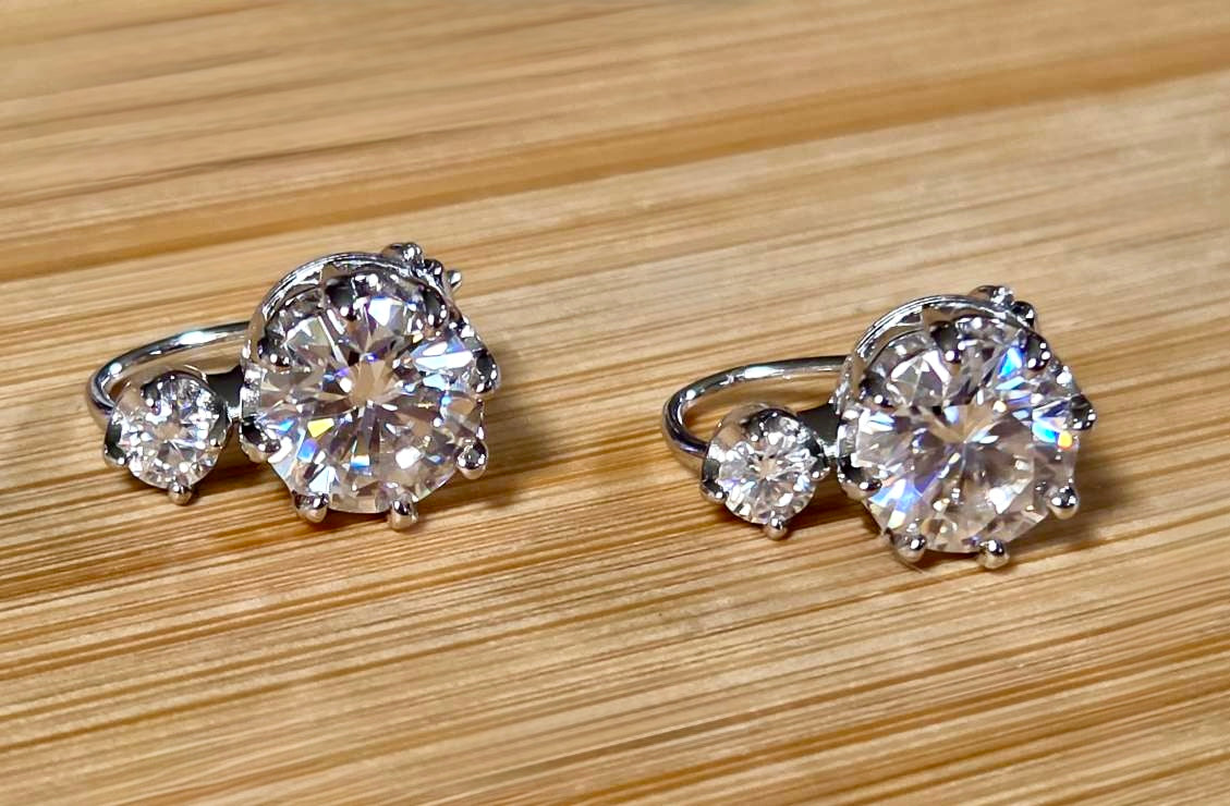 A Victorian inspired 4.2cttw certified pair of Moissanite 2-stone buckle back earrings in Argentium silver! Minimalist glam!