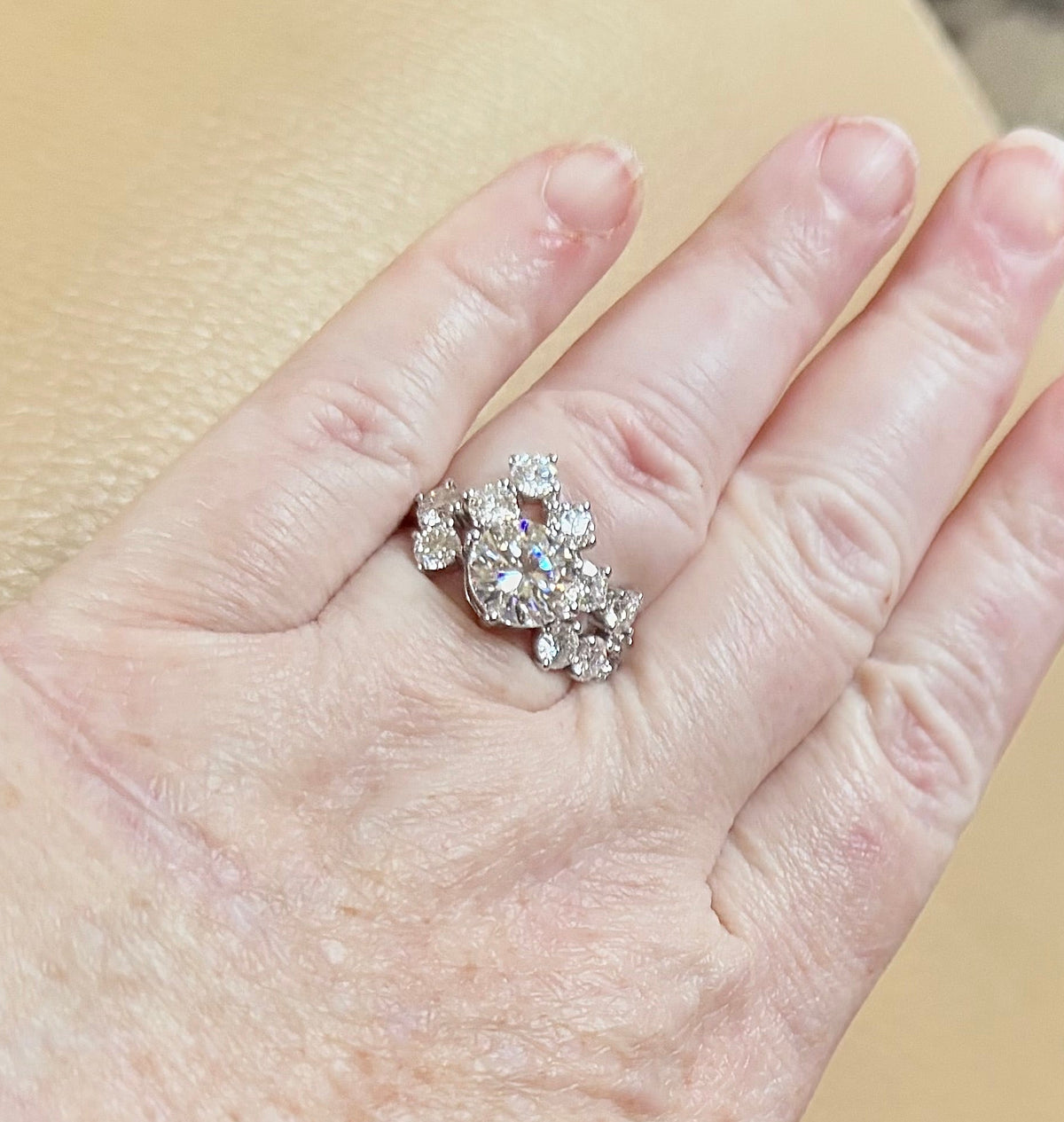 Moissanite ring. The “Moissanite Galaxy” ring features a 3ct certified Moissanite amid a 4cttw Moissanite constellation  - a 7cttw ring!