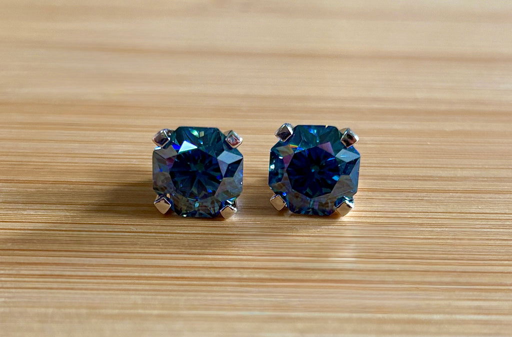 A *PHENOMENAL* 2.4cttw or 6cttw DOUBLE certified pair of octagonal-cut, star-faceted, royal blue Moissanite studs in 935 Argentium silver!