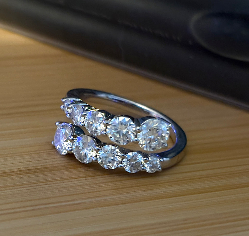 Moissanite ring. A deliciously decadent, sparkling 3.46cttw certified Moissanite bypass ring in heavy sterling or ARGENTIUM silver and 18k!
