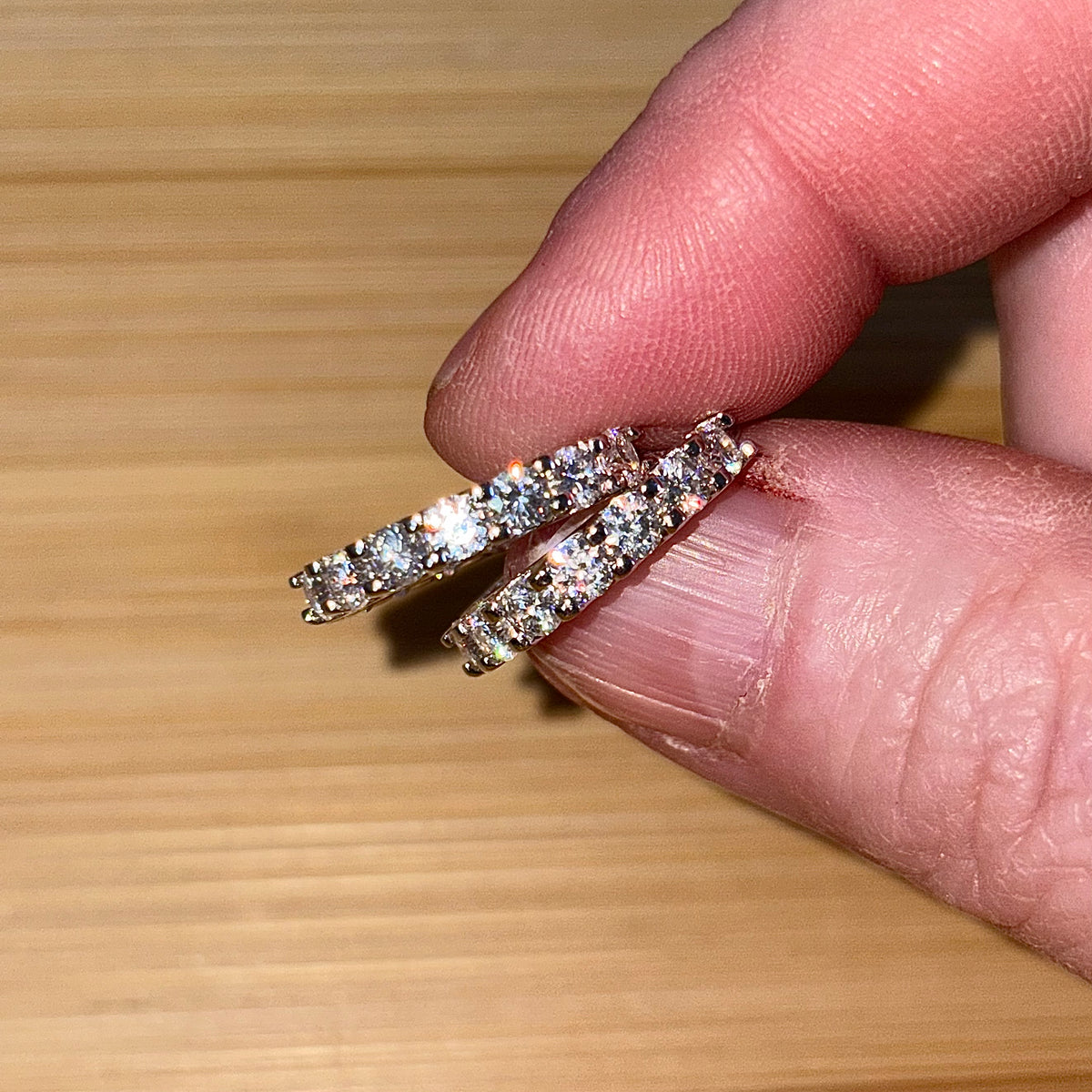 Moissanite hoops. A certified 2.6cttw pair of flashy Moissanite hoops - just like porridge, not too big and not too small, but *just right*!