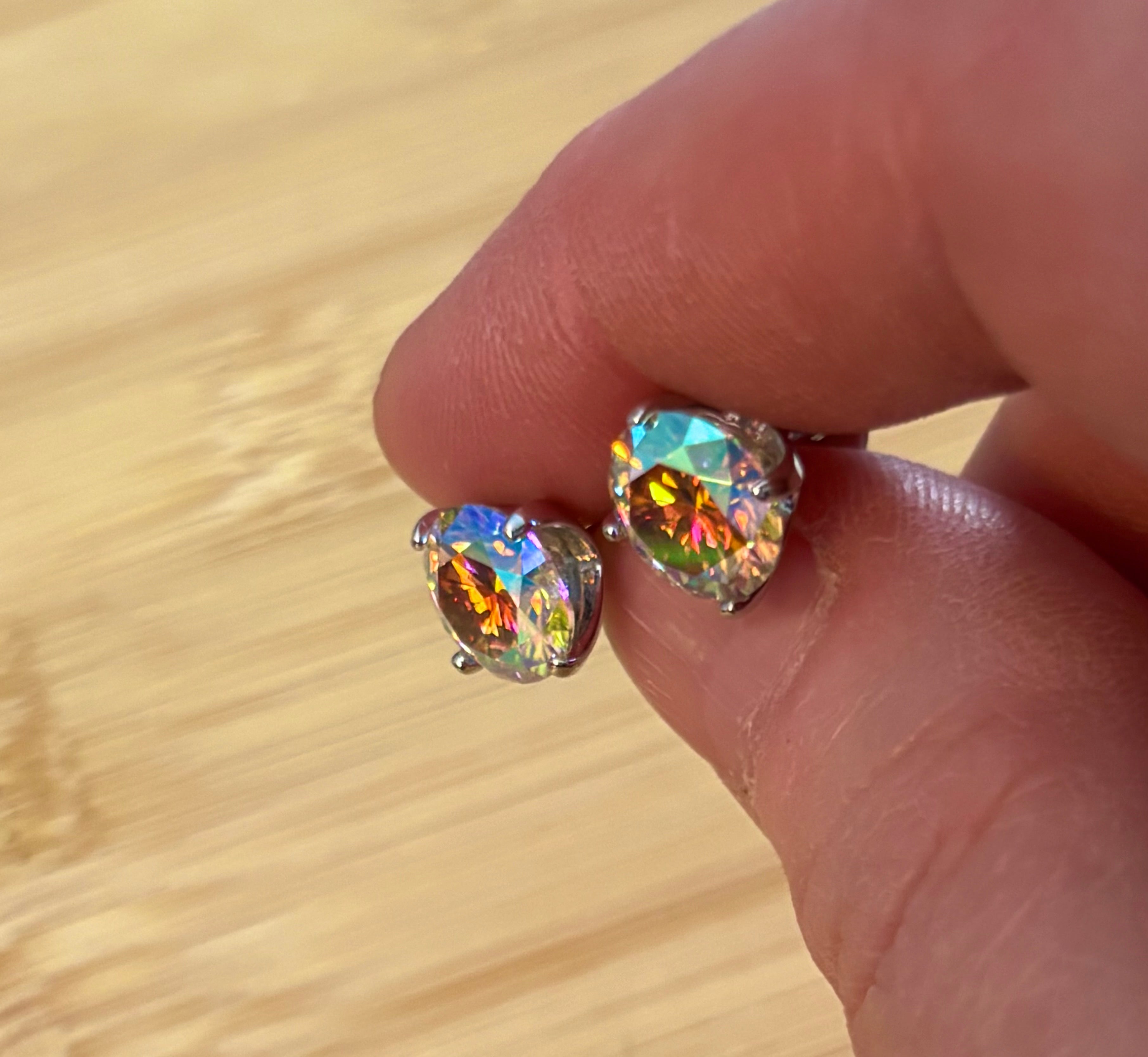 6ctw Moissanite “Kaleidoscope” studs! A pair of colorful, color-shifting, MESMERIZING Moissanite studs, DOUBLE certified and flashy in 18k plated sterling silver!