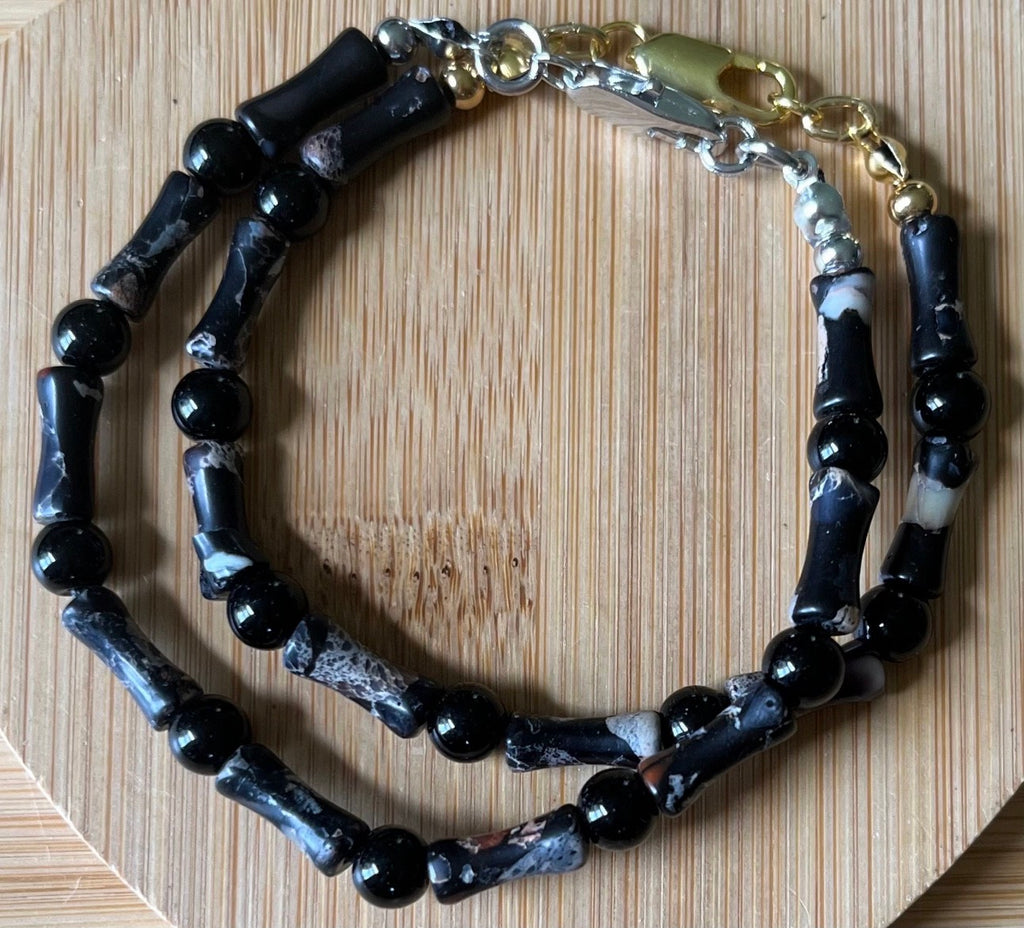 Sea sediment jasper and black onyx bracelet. The “Sticks & Stones” bracelet with your choice of golden or silvery stainless steel!