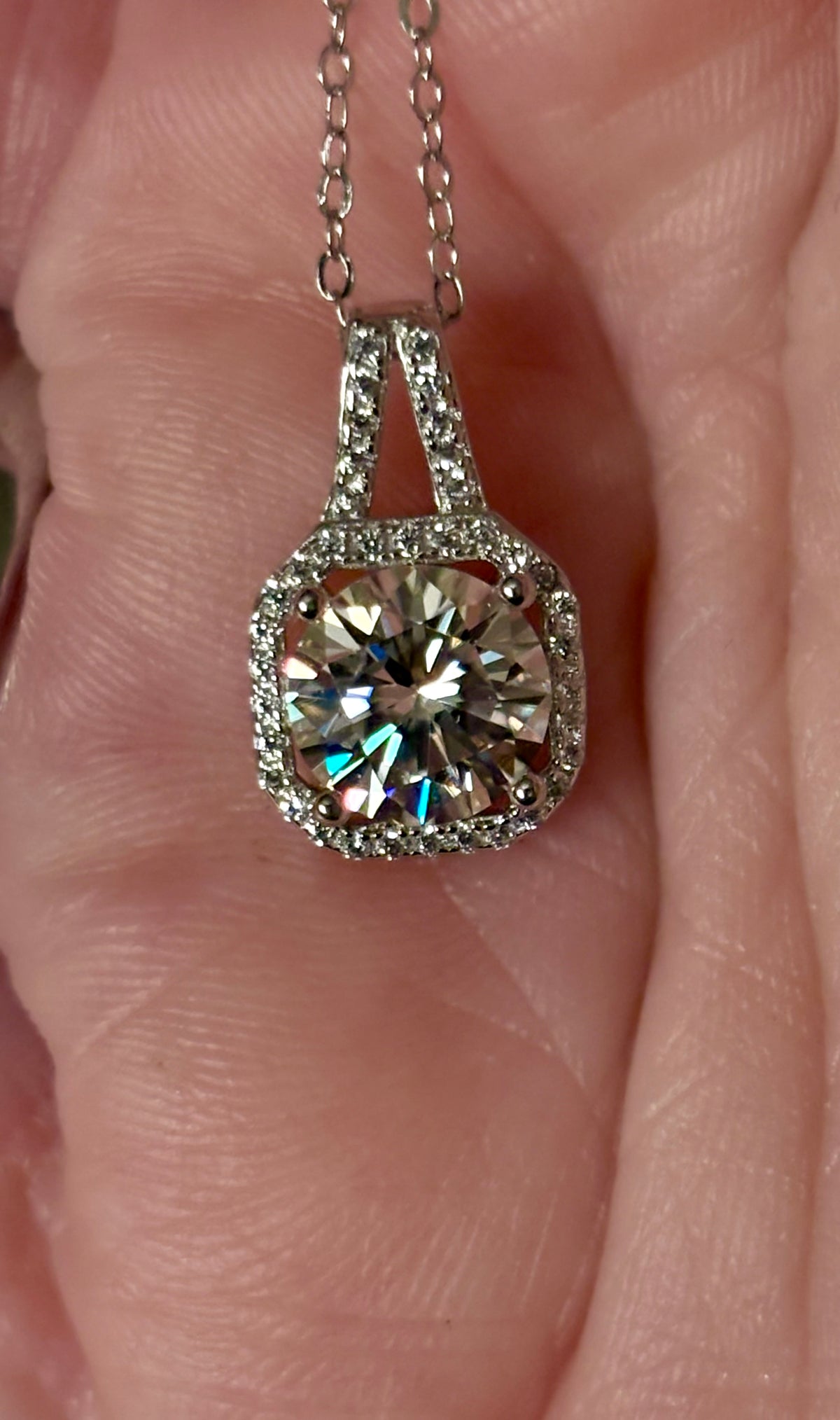 Moissanite necklace. A 2ct certified Moissanite set within an octagonally-shaped halo of pavé-set gleaming white zircons - at a 1ct price!