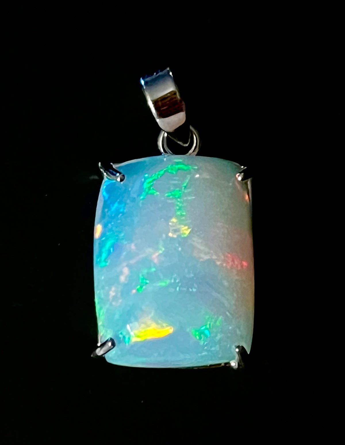 9.2ct white Ethiopian opal/Welo fire opal pendant. SPECTACULAR domed rectangular AAA opal cabochon in solid sterling silver! Stellar!