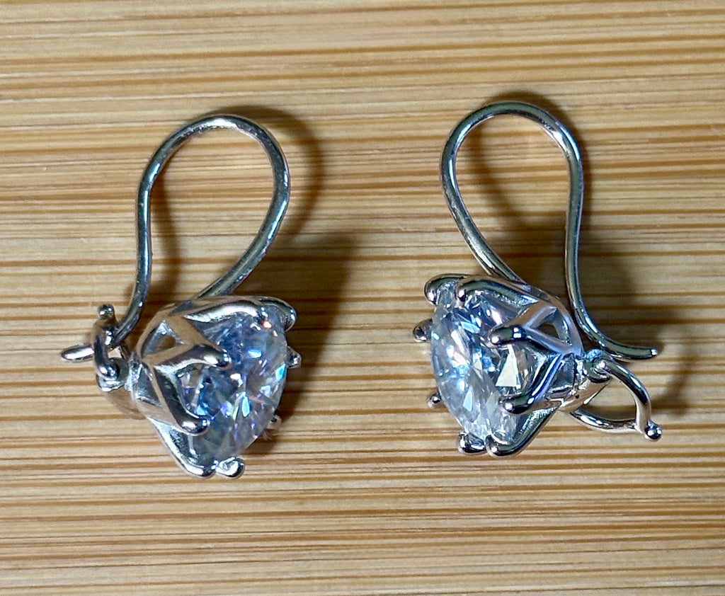 Moissanite earrings. Exclusive 8ctw double certified Moissanite fish hook earrings with *buckle backs* in 935 Argentium silver and 18k white rhodium!