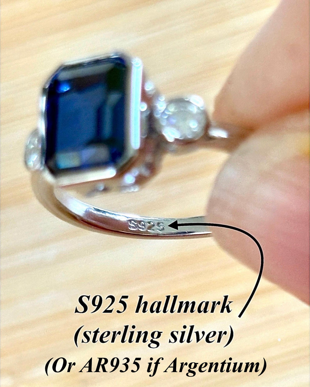 Blue sapphire and Moissanite ring. A certified 3ct lab-grown emerald-cut sapphire and .20ctw Moissanite ring in 925 sterling OR 935 Argentium!
