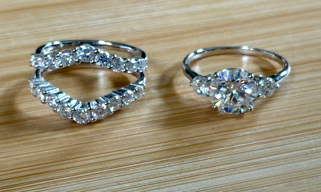Moissanite bridal set. A certified 3ct Moissanite with a FULLY Moissanite double ring guard, for 5.08cttw! Wear them separately or together!