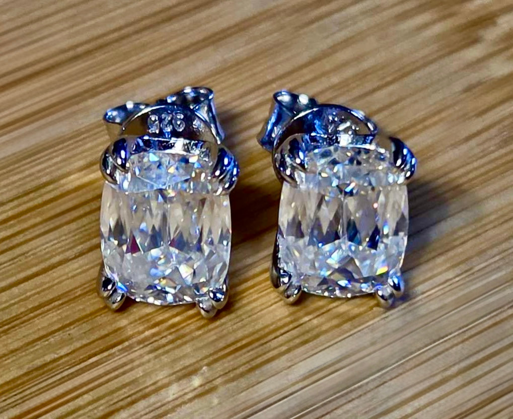 6ctw Ashoka-cut Moissanites in Argentium silver, hand-cut by a Master lapidary! These studs are the highest of the high end!
