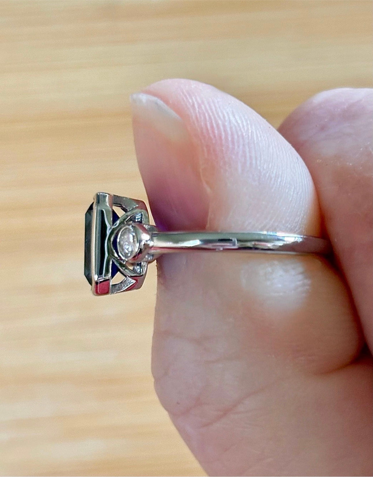 Blue sapphire and Moissanite ring. A certified 3ct lab-grown emerald-cut sapphire and .20ctw Moissanite ring in 925 sterling OR 935 Argentium!