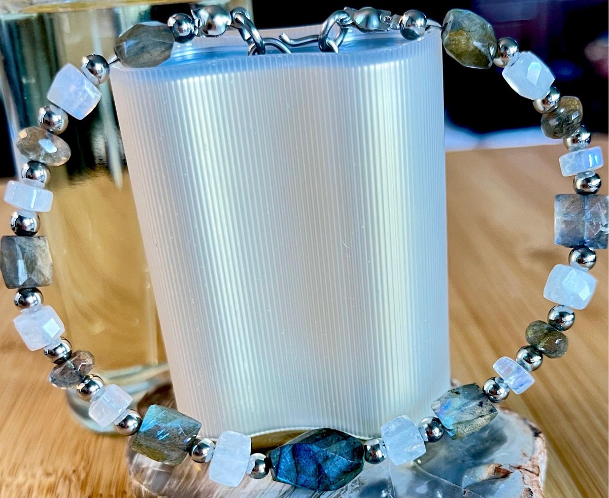 Labradorite and moonstone bracelet and/or earrings. The “Essences of Gemstones” bracelet with hand- faceted “essence” stones! This bracelet literally glows!