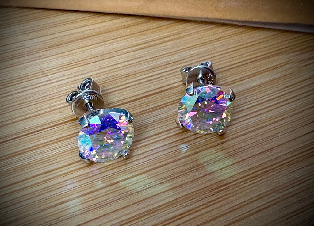 6ctw Moissanite “Kaleidoscope” studs! A pair of colorful, color-shifting, MESMERIZING Moissanite studs, DOUBLE certified and flashy in 18k plated sterling silver!