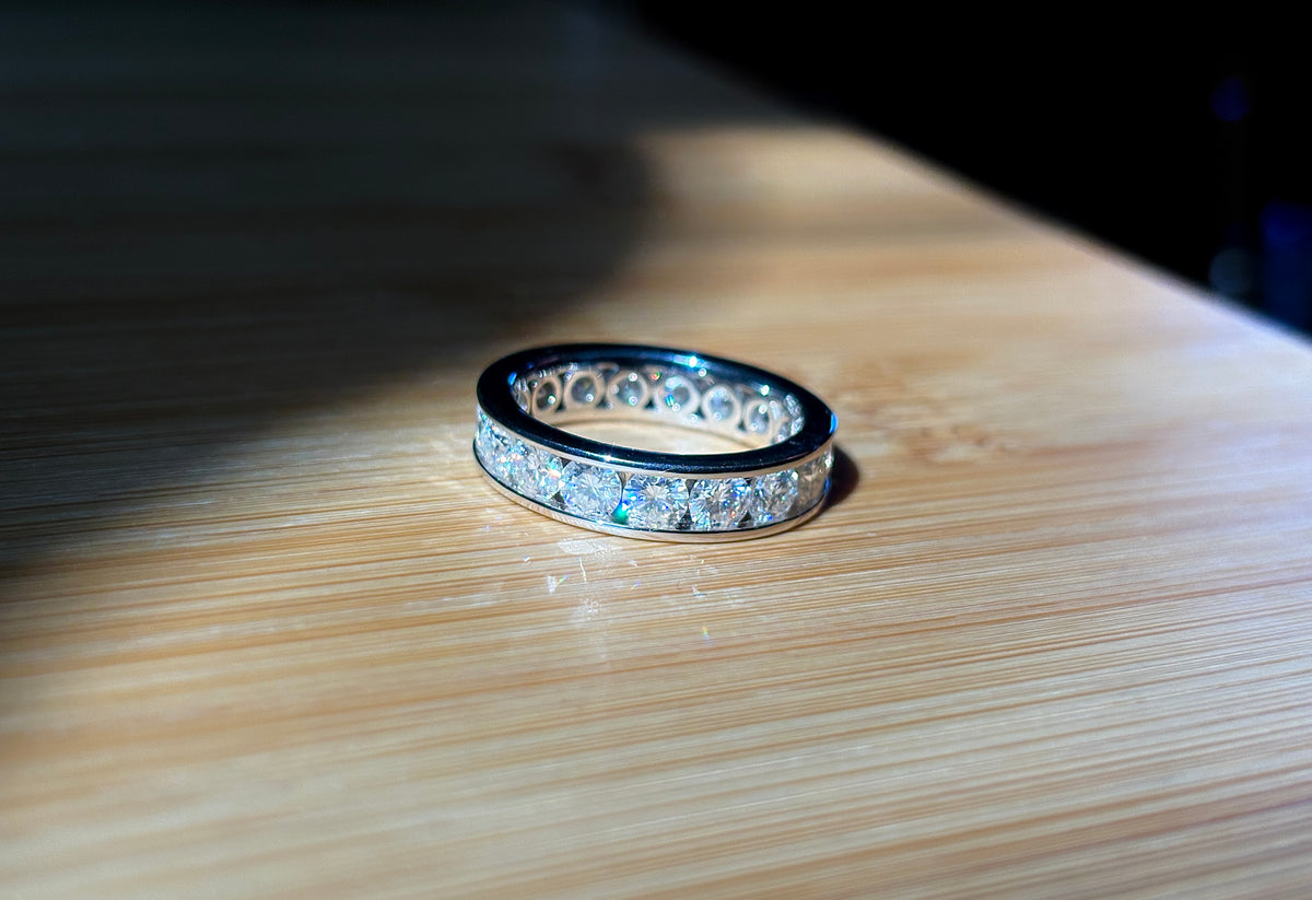 Moissanite ring. A 5.10cttw or 4.8cttw (depending on size) Moissanite eternity ring. A channel-set, classy and classic design - beautiful!