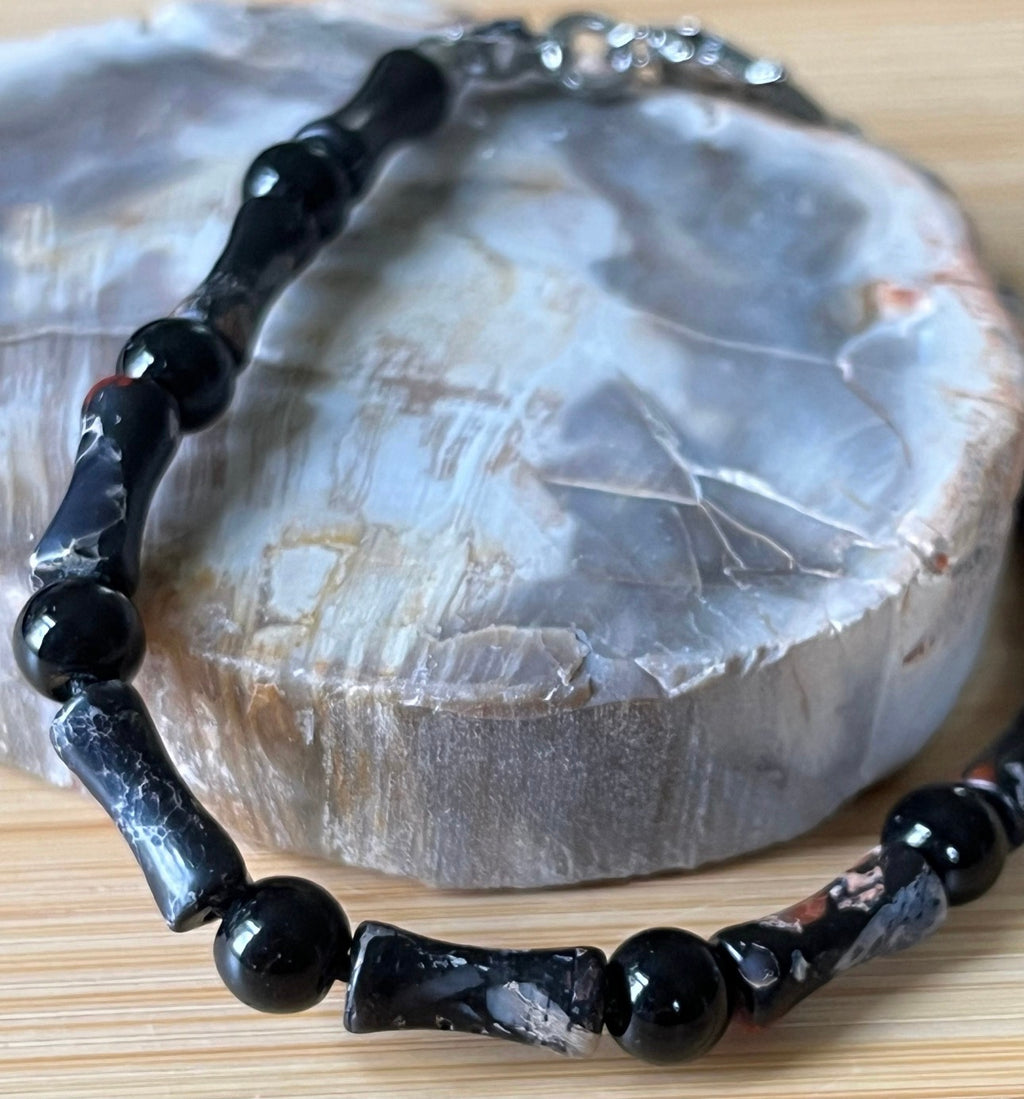 Sea sediment jasper and black onyx bracelet. The “Sticks & Stones” bracelet with your choice of golden or silvery stainless steel!