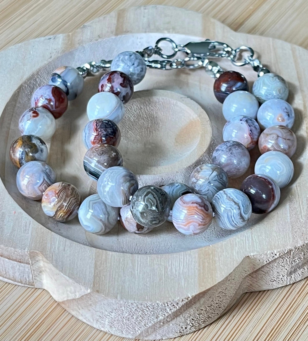 Mexican crazy lace agate bracelet/10mm Laguna lace agate with crisp strata patterns and earth tones! Nature’s creative power at its finest!