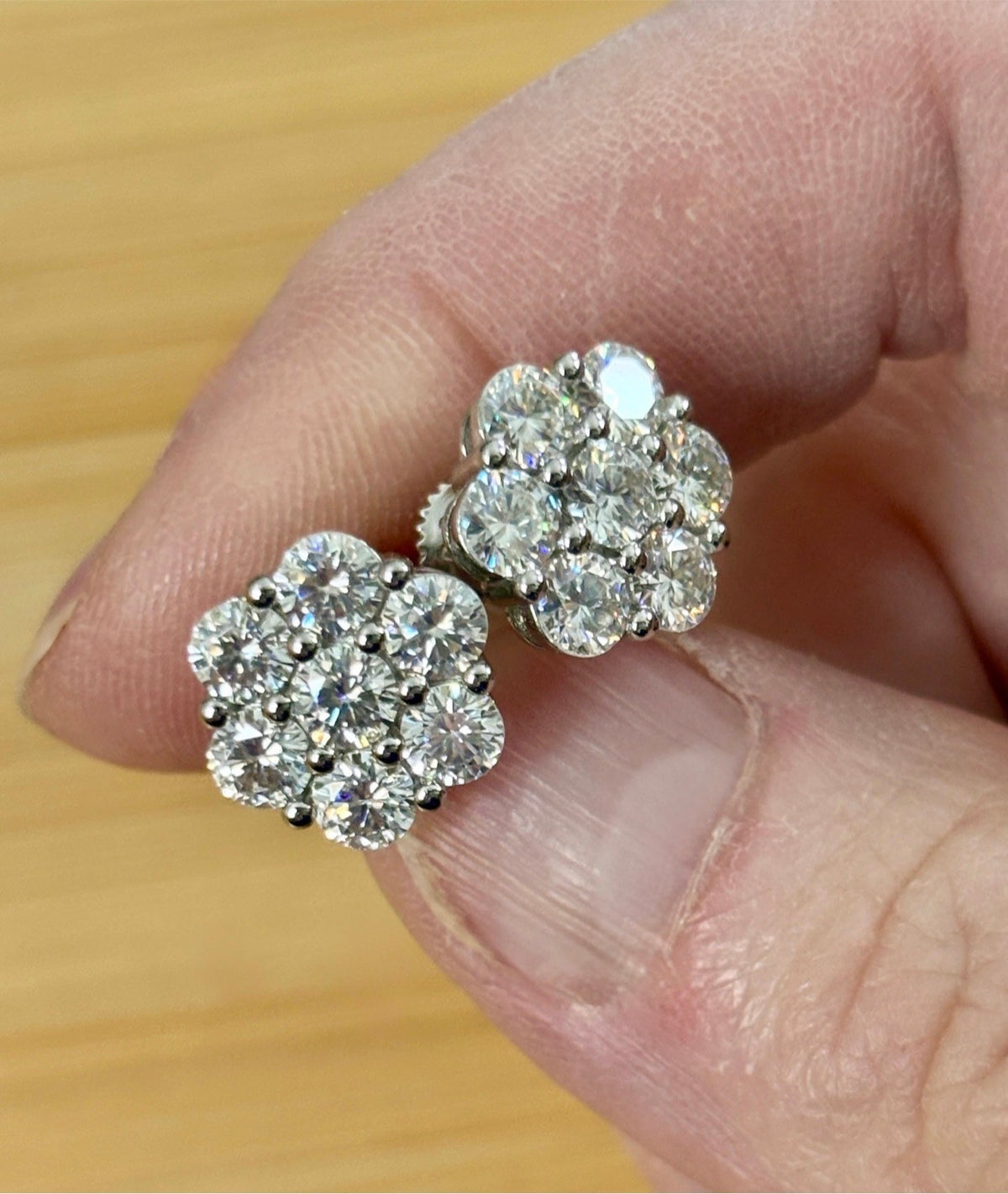 Moissanite earrings. A 4.2cttw certified pair of glamorous Moissanite cluster earrings with gorgeously bright stones and screw-on ear nuts!