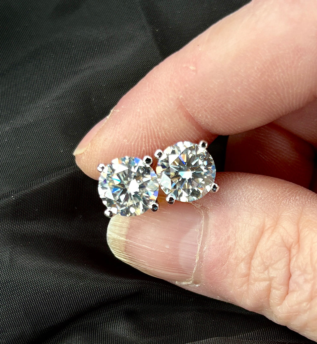 Moissanite earrings. A 6cttw certified pair of high-end boutique-quality Moissanite studs in my sturdy sterling and 18k 4-claw mountings!