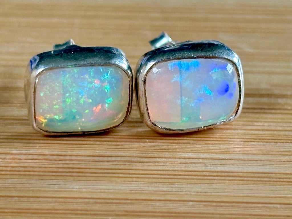 Ethiopian opal earrings, pair B. A beautiful pair of rectangular Ethiopian opal earrings, approximately 4cttw and hand-set in sterling silver bezels!