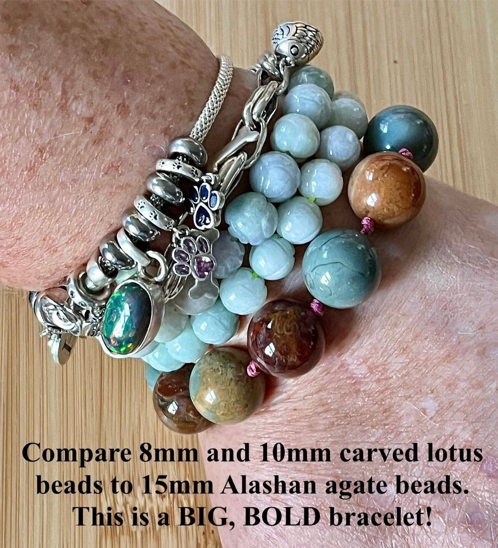Alashan agate bracelet. Semiprecious 15mm Alashan agates, hand knotted with durable stainless steel components! Big, bold and beautiful!