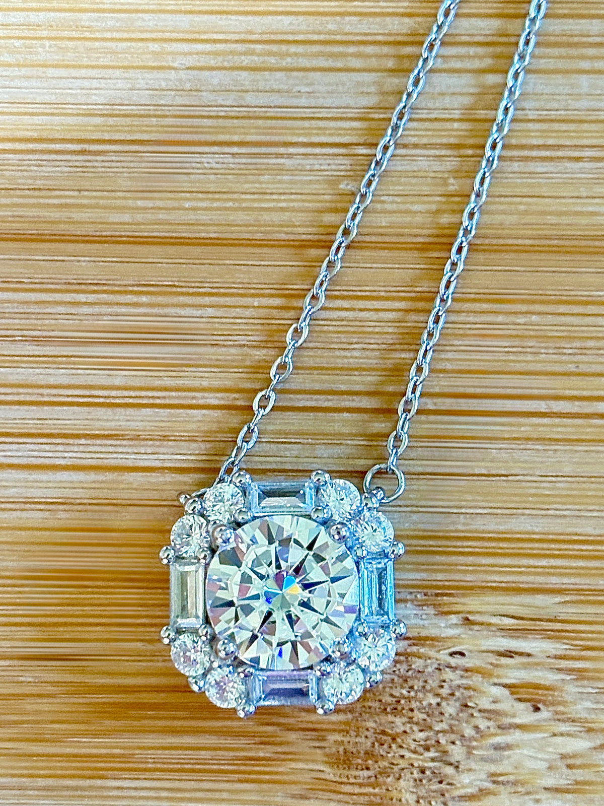 Moissanite necklace. A FIERY certified 3ct “8 hearts, 8 arrows” Moissanite in a super flashy geometric zircon halo, for a 4cttw necklace!