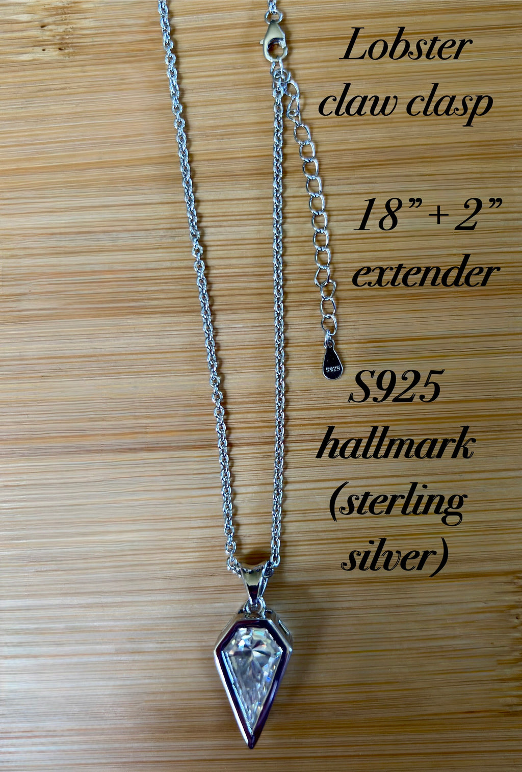 Moissanite necklace. “Flight!”, a kite-shaped, custom-cut 5ct Moissanite pendant! Hand-faceted by a master stone cutter and set in Argentium silver, it is suspended on a 20” sterling silver chain and is exclusive to Hand Knotted Jewelry!