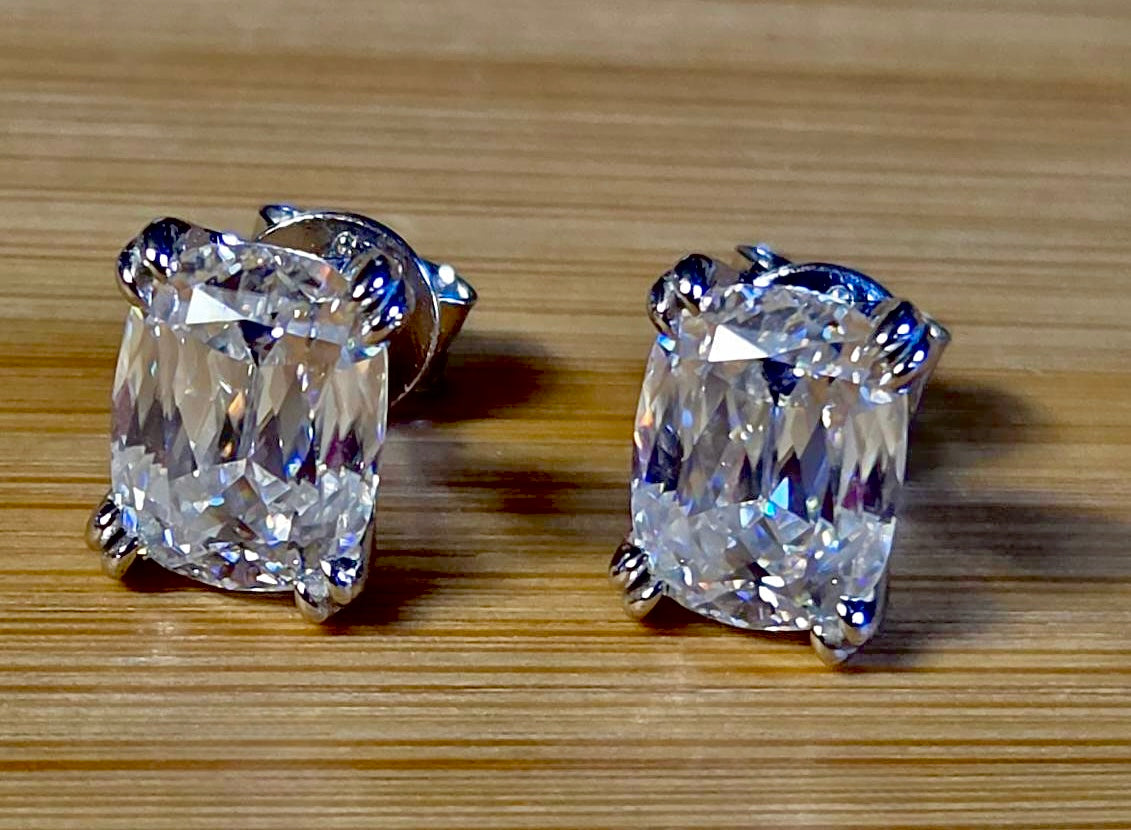 6ctw Ashoka-cut Moissanites in Argentium silver, hand-cut by a Master lapidary! These studs are the highest of the high end!