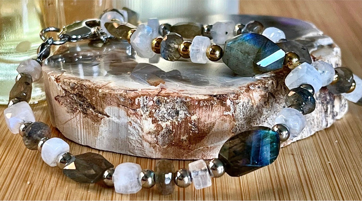 Labradorite and moonstone bracelet and/or earrings. The “Essences of Gemstones” bracelet with hand- faceted “essence” stones! This bracelet literally glows!