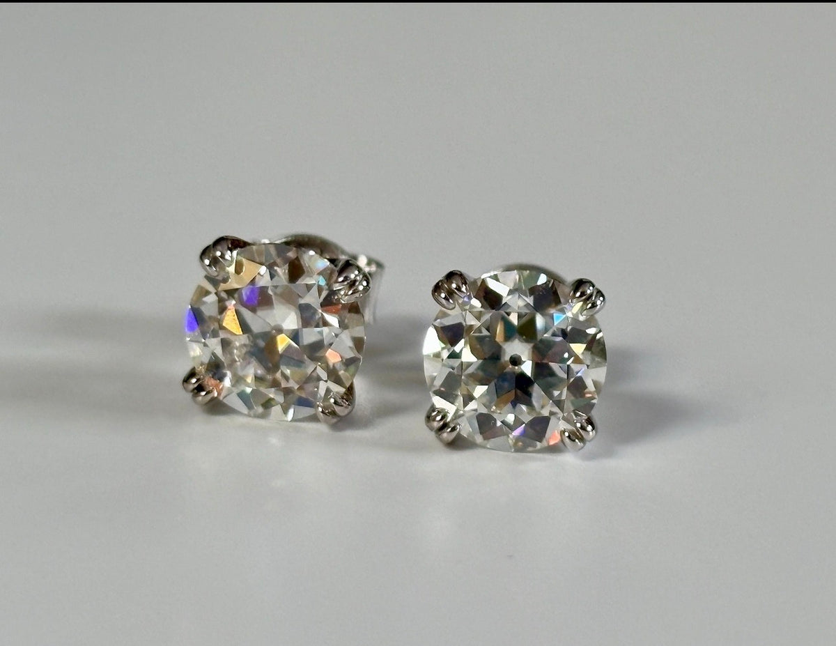 A lovely DOUBLE certified pair of 4cttw Old European Cut Moissanite studs in 935 Argentium silver and 18k double-claw mountings!