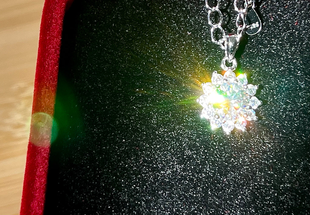 Moissanite necklace. A 1ct or 3ct Moissanite in a halo of sparkling white zircons (I call it the “Sunflower” pendant)! In sterling silver and 18k!