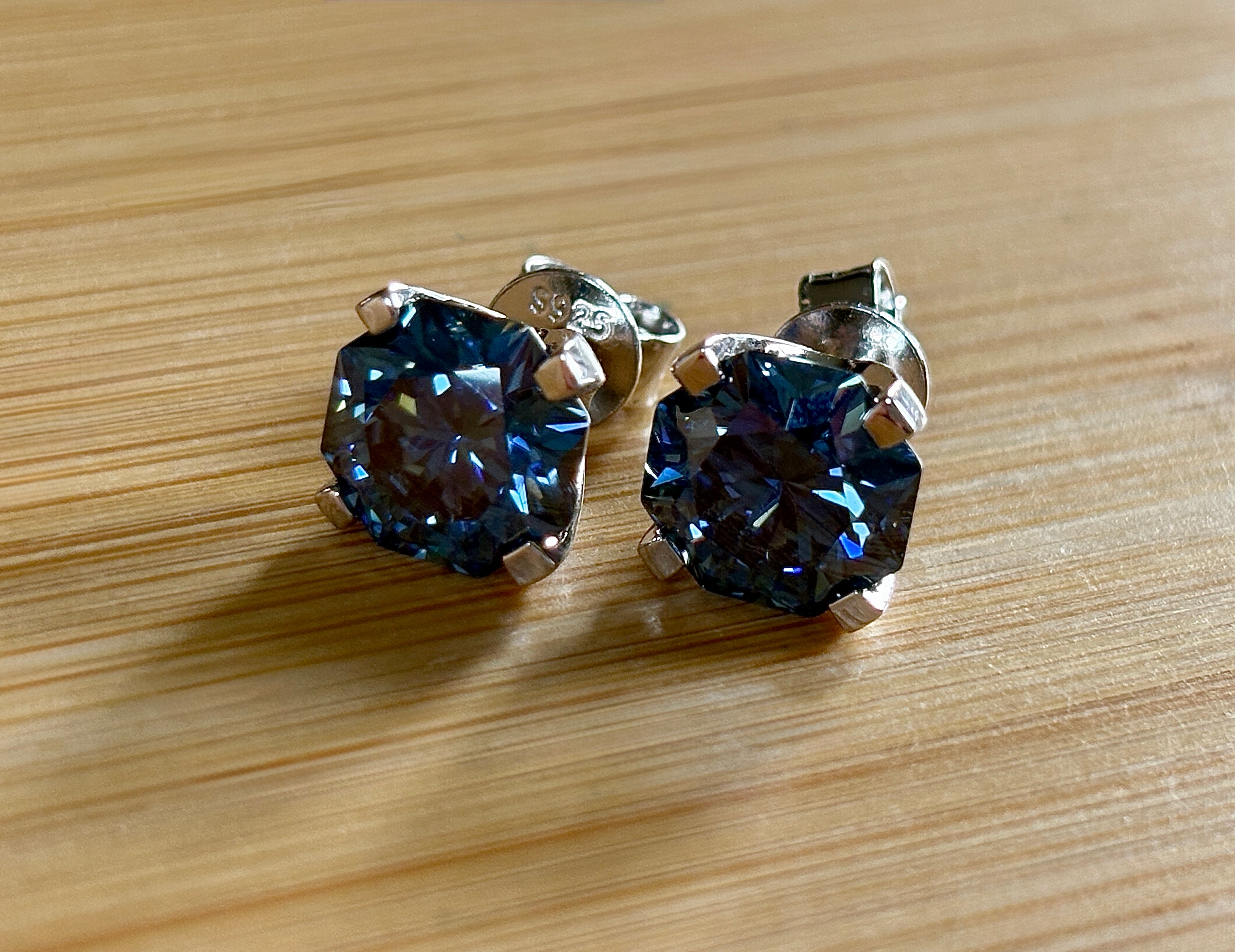 A *PHENOMENAL* 2.4cttw or 6cttw DOUBLE certified pair of octagonal-cut, star-faceted, royal blue Moissanite studs in 935 Argentium silver!